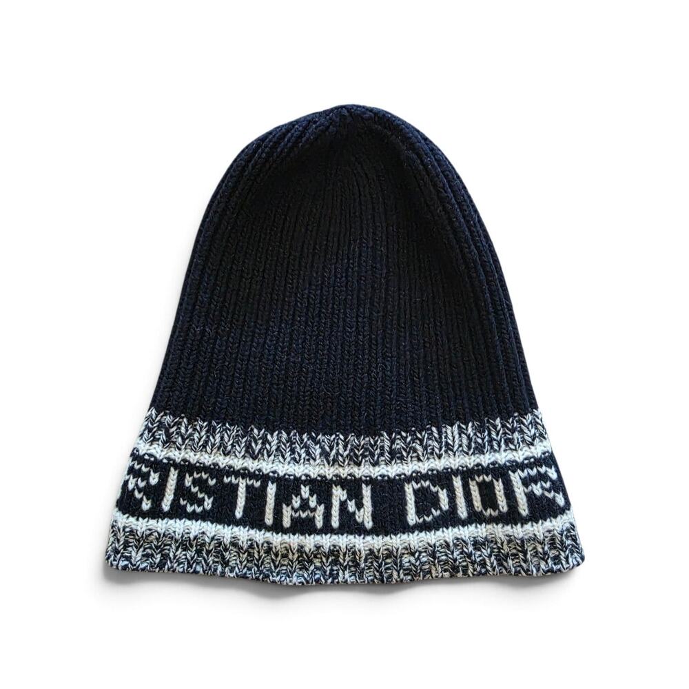Christian Dior Navy Blue Logo Embroidered wool beanie One sz